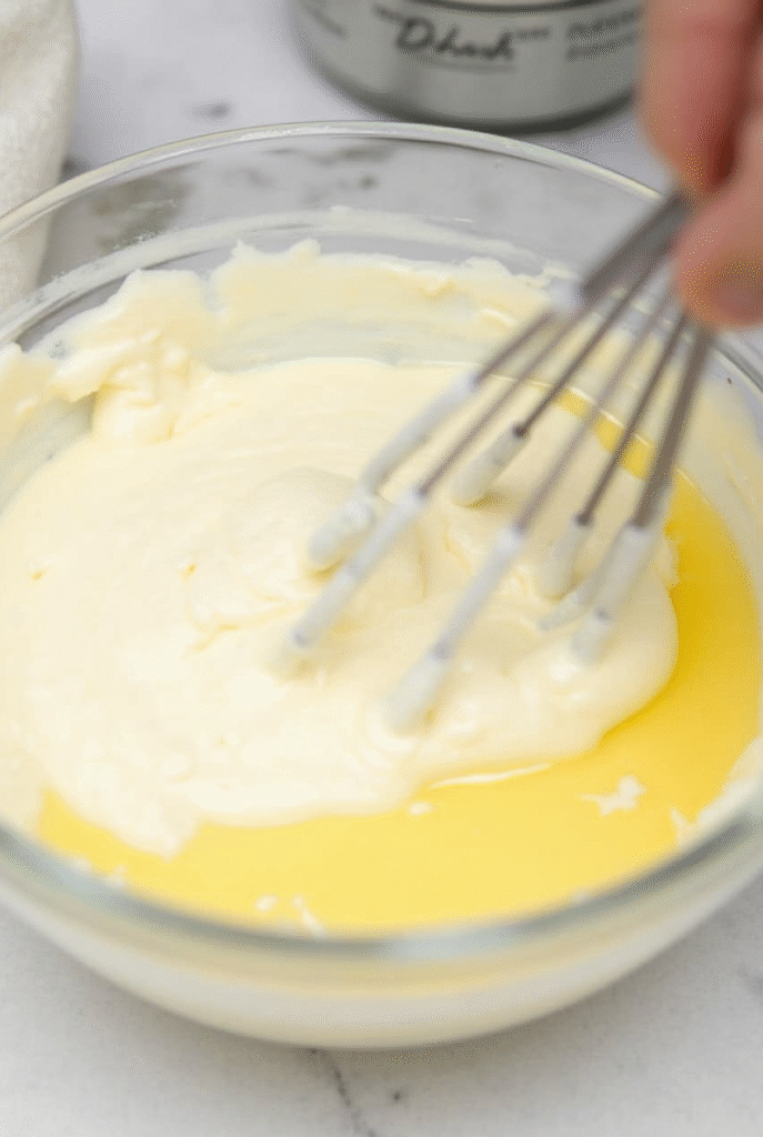 Mascarpone cream mixture being whisked in a glass bowl.
