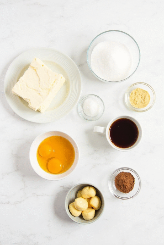 Ingredients for tiramisu arranged on a marble countertop